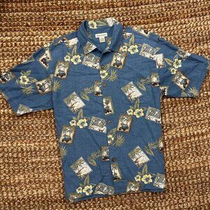 Portofino Mens Luau Hawaiian Shirt Linen Rayon Blend (Large) Blue Cars Palm Tree